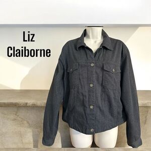Liz Claiborne Vintage Women's Soft Black Denim Logo Button Moto Jacket